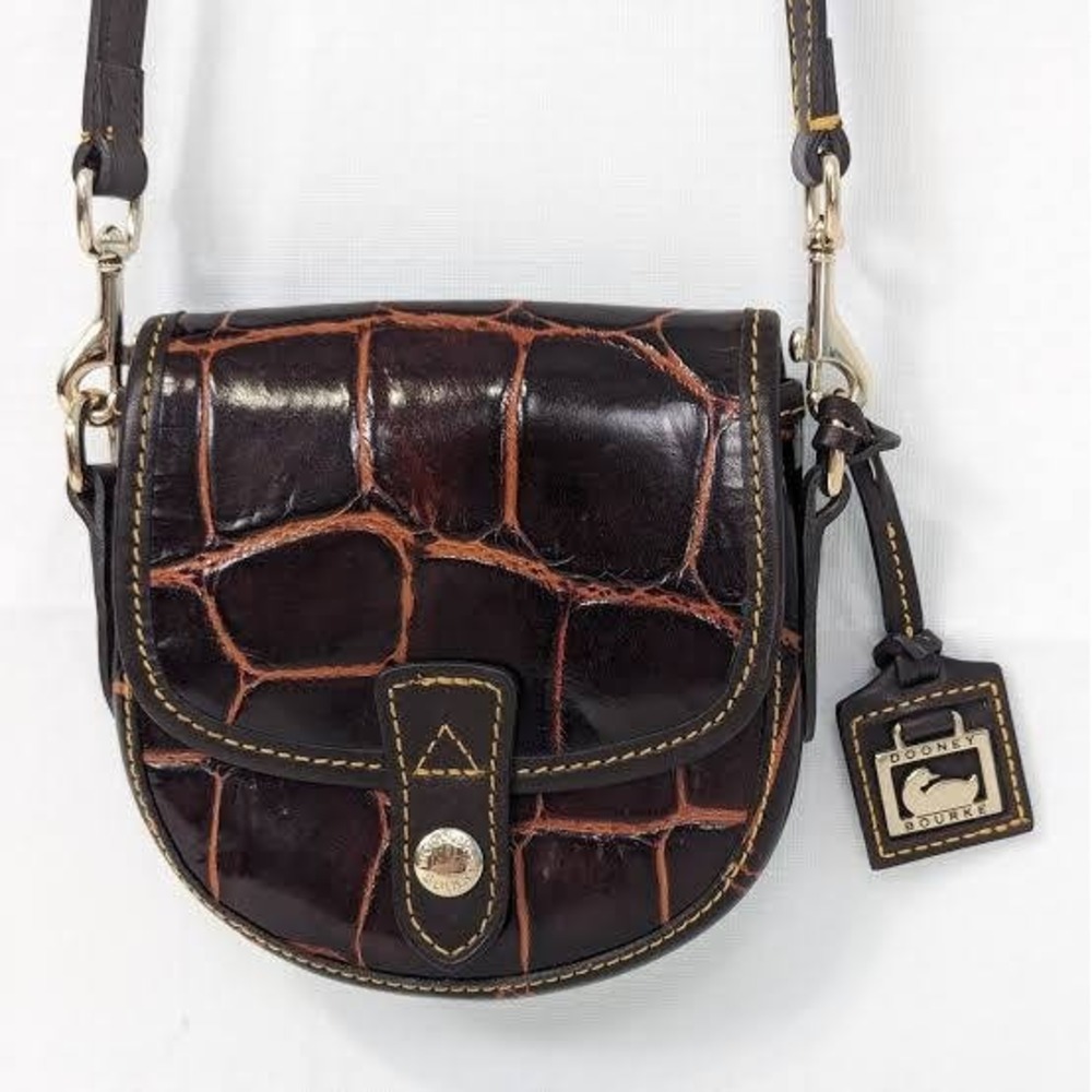 Dooney & Bourke Crossbody Womens Small Brown Croc Embossed Leather Saddle Bag